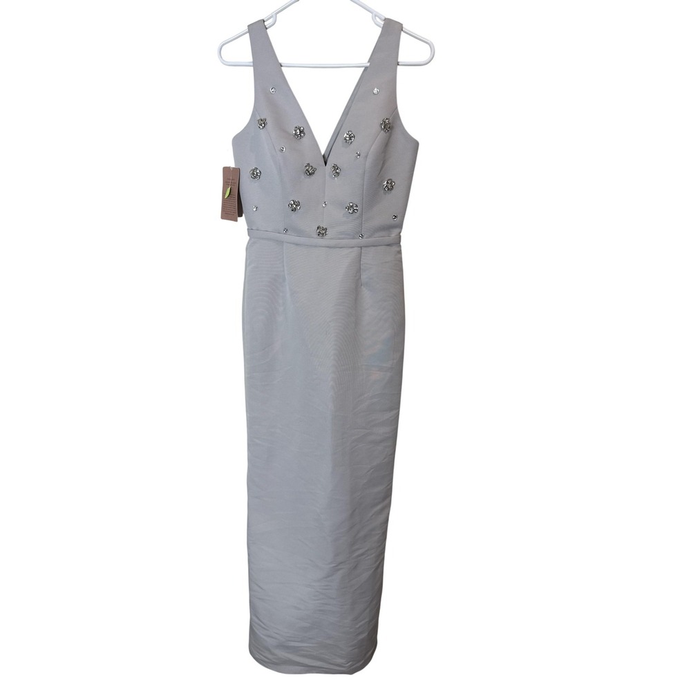 Amsale Dress Womens 4 Gray Rhinestone V Neck‎ Sheath Maxi Formal Wedding